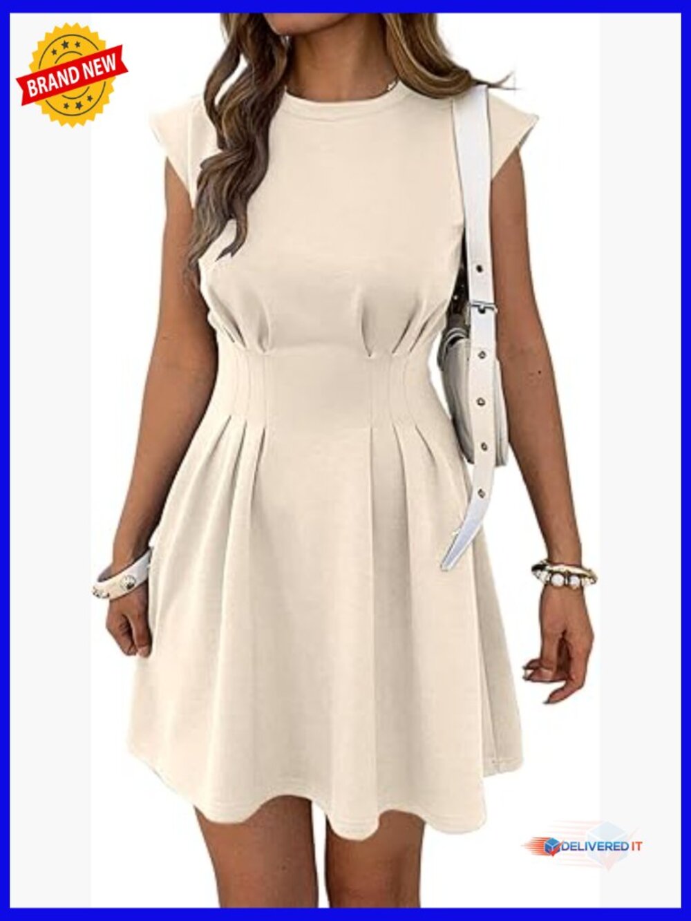 Work Dresses for Women Summer Business Casual Cap Sleeve Crewneck Ruched Waist